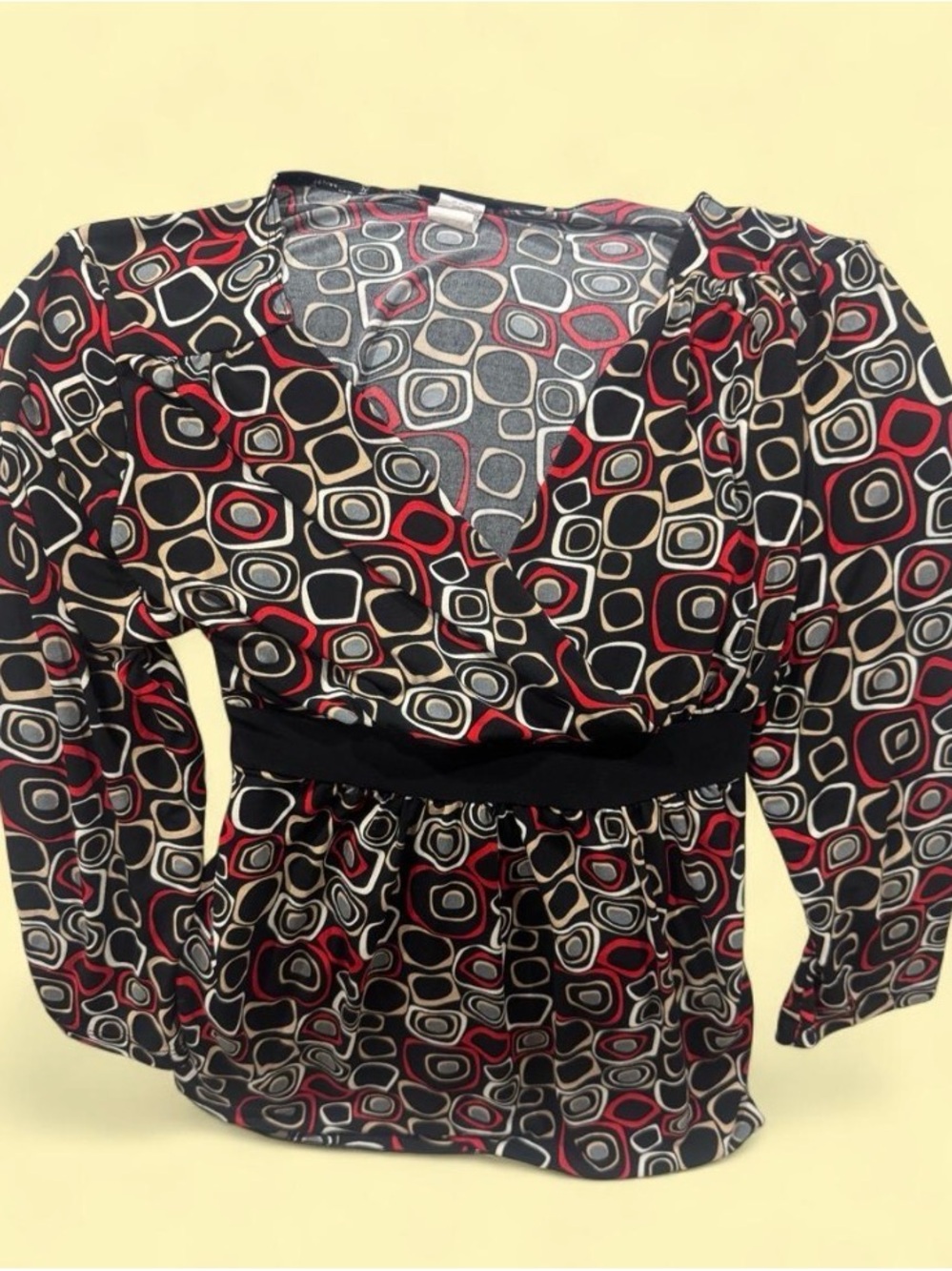 Y2k Women’s Geometric Print Surplice Blouse in Black, Red & Cream